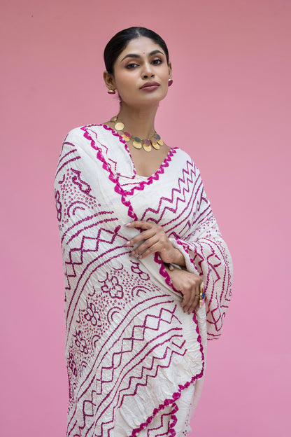 Pink Rai Dana Moonga White Bandhej Saree