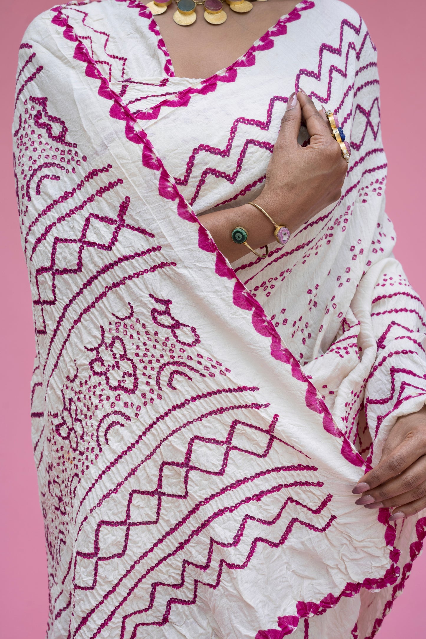 Pink Rai Dana Moonga White Bandhej Saree