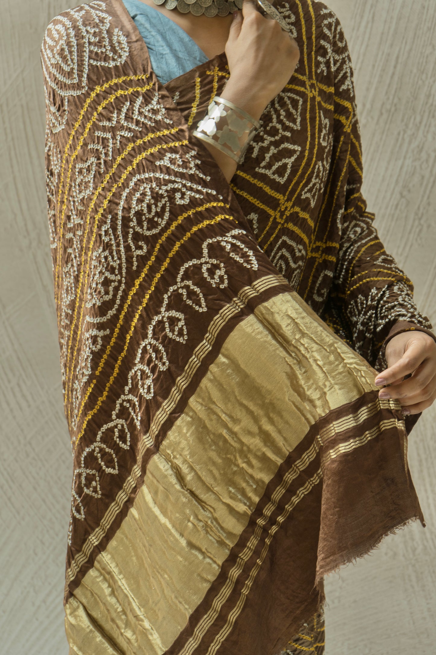 Blue-Grey-Brown Ombre Gajji Bandhej Saree