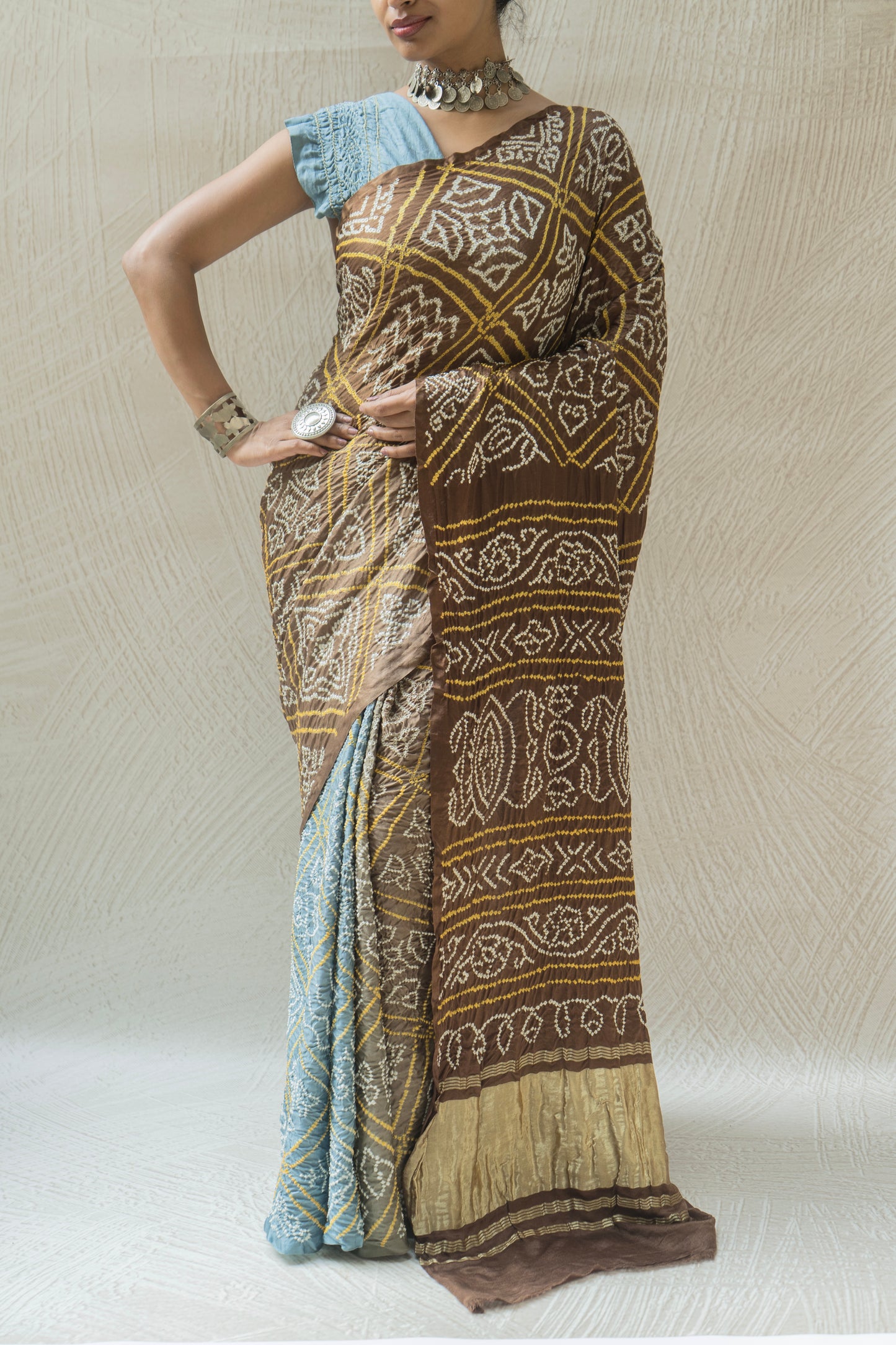 Blue-Grey-Brown Ombre Gajji Bandhej Saree