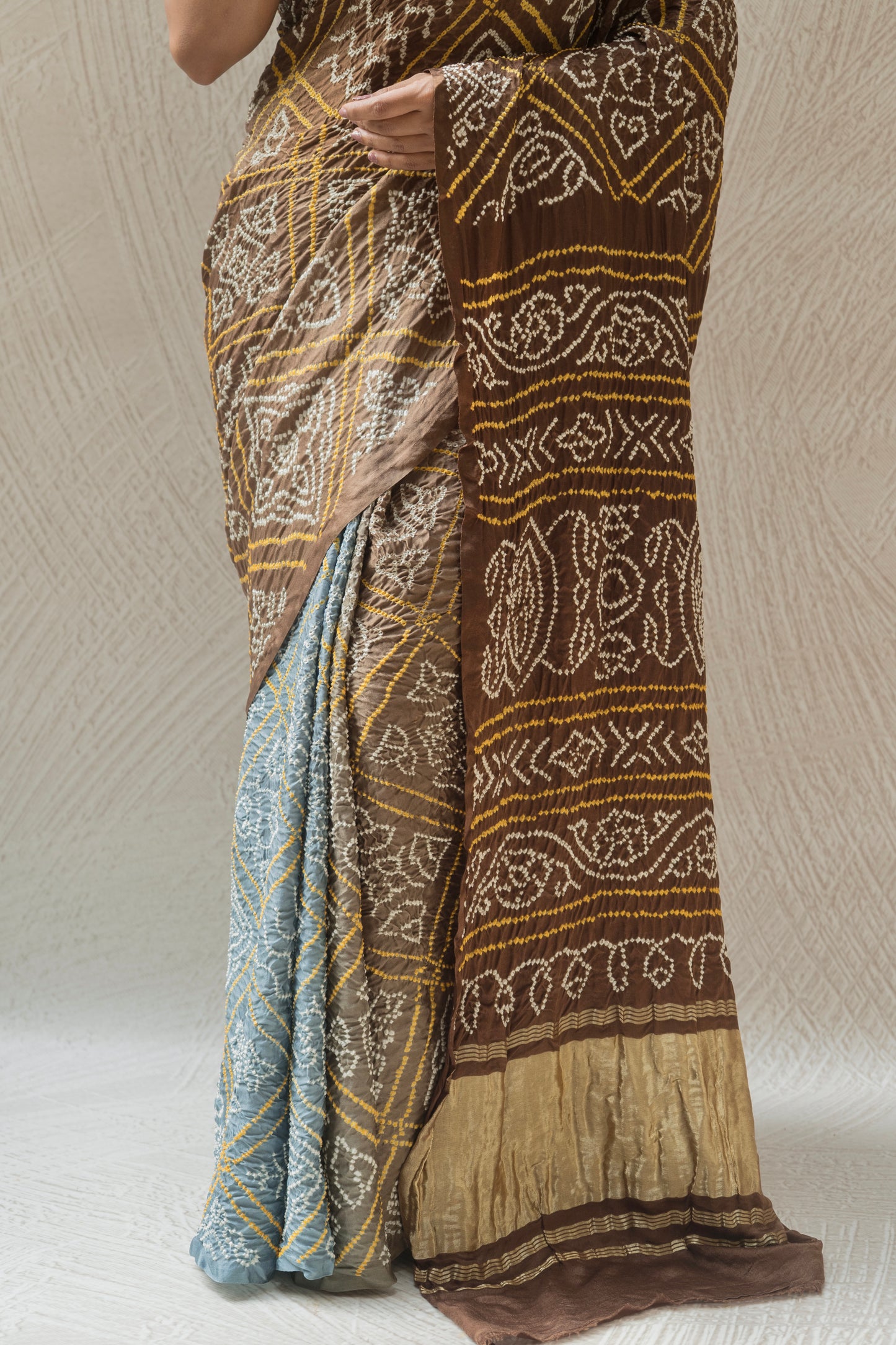 Blue-Grey-Brown Ombre Gajji Bandhej Saree