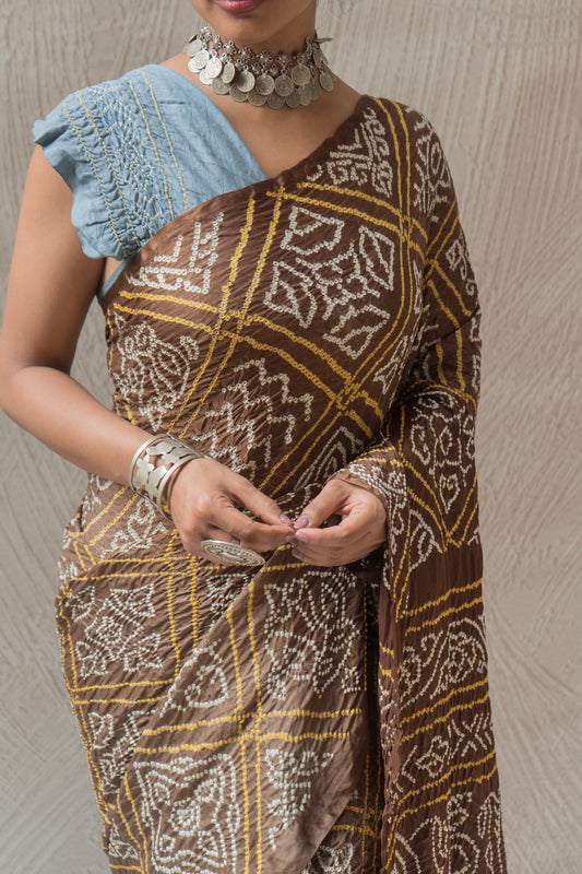 Blue-Grey-Brown Ombre Gajji Bandhej Saree