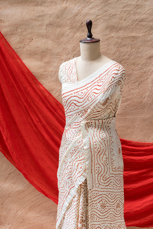 White Gajji Red Rai Dana Bandhej Saree