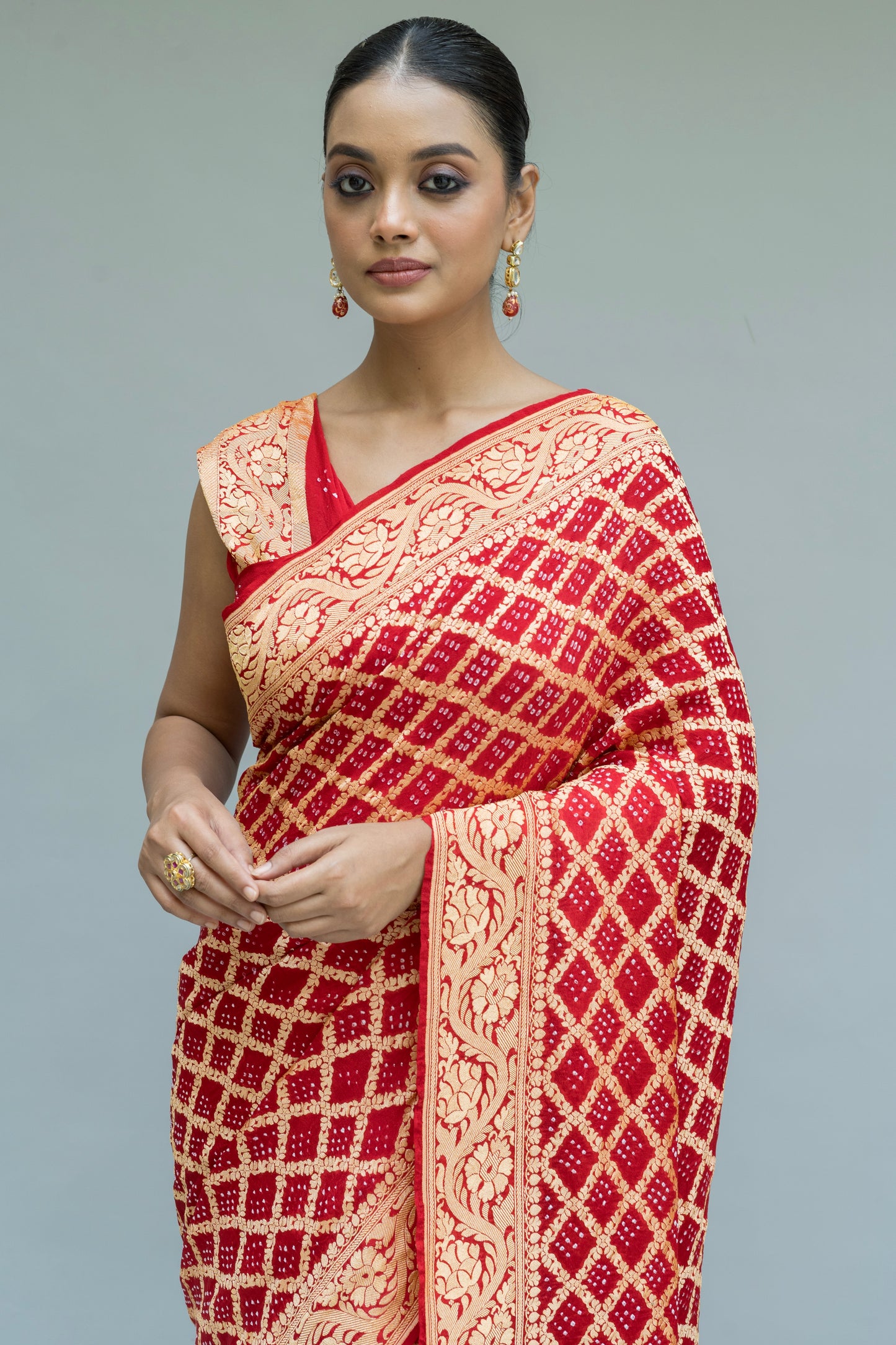 Neemzari Rai Dana Georgette Red Bandhej Saree