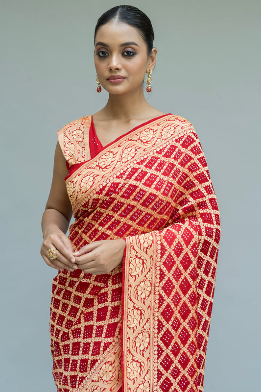 Neemzari Rai Dana Georgette Red Bandhej Saree