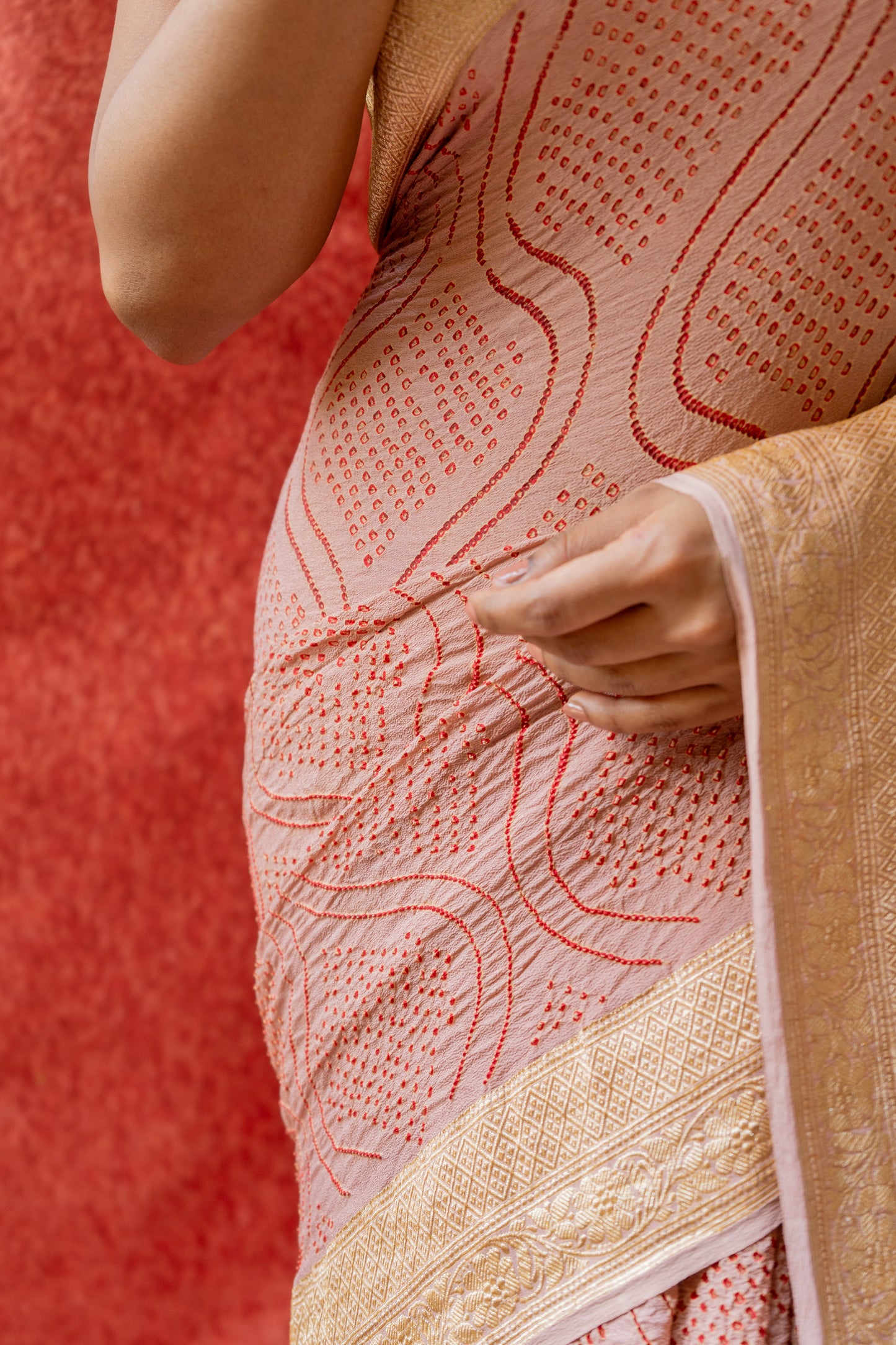 Georgette Red Rai Dana Onion Bandhej Saree