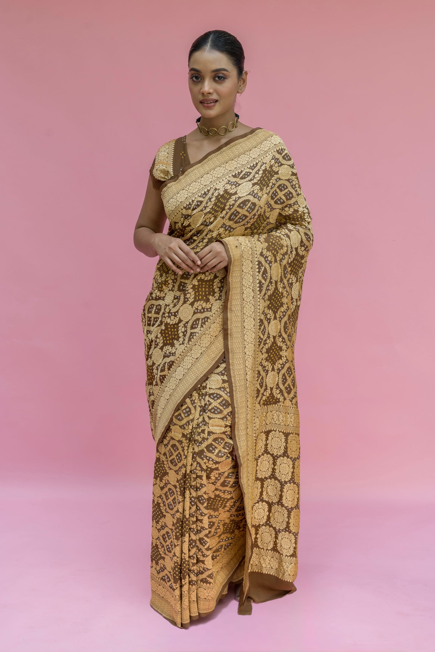 Neemzari Georgette Tussar Brown Bandhej Saree