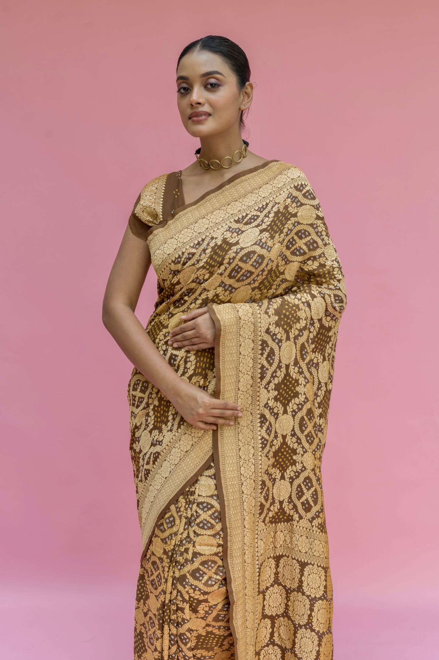 Neemzari Georgette Tussar Brown Bandhej Saree