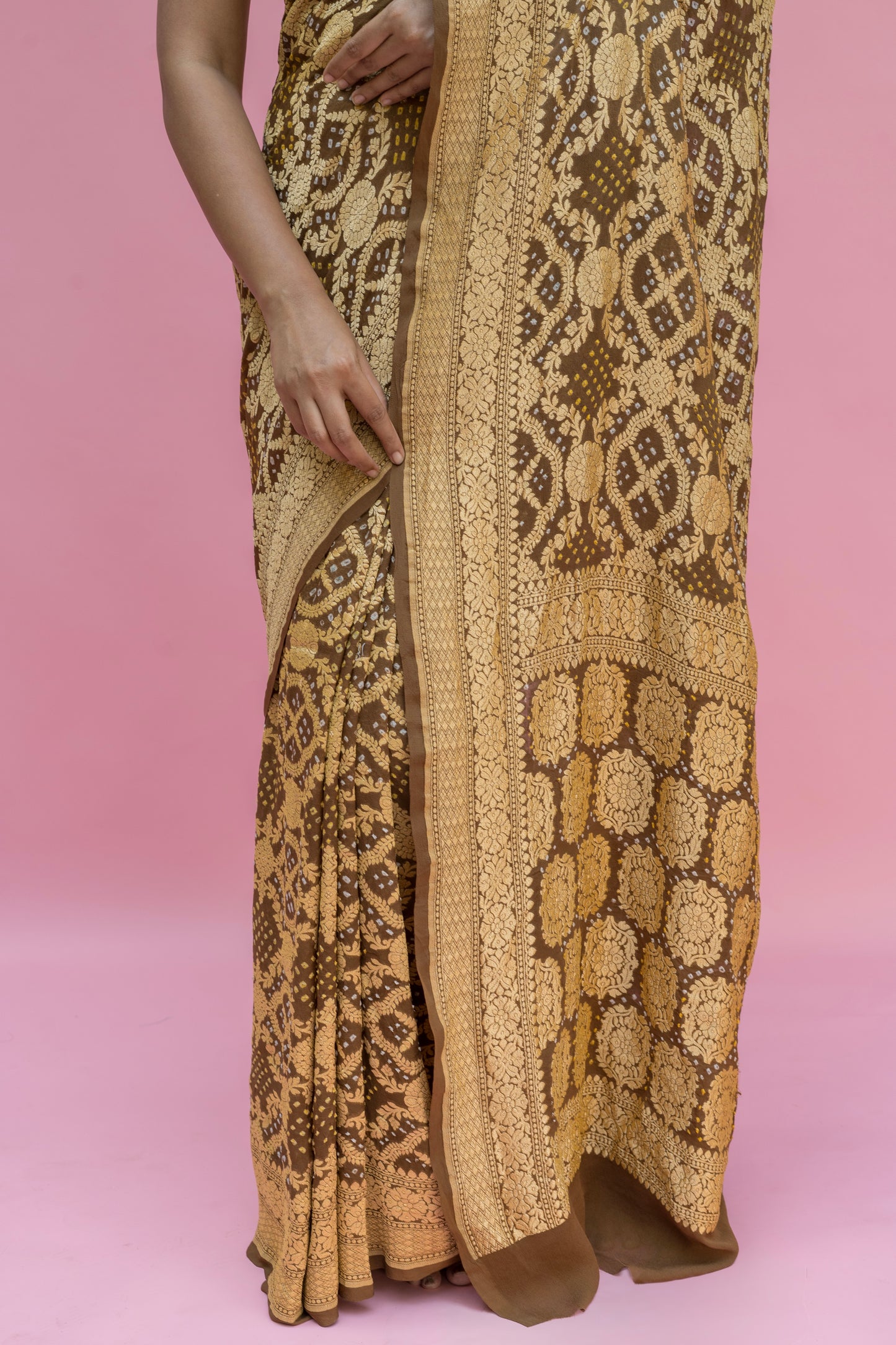 Neemzari Georgette Tussar Brown Bandhej Saree