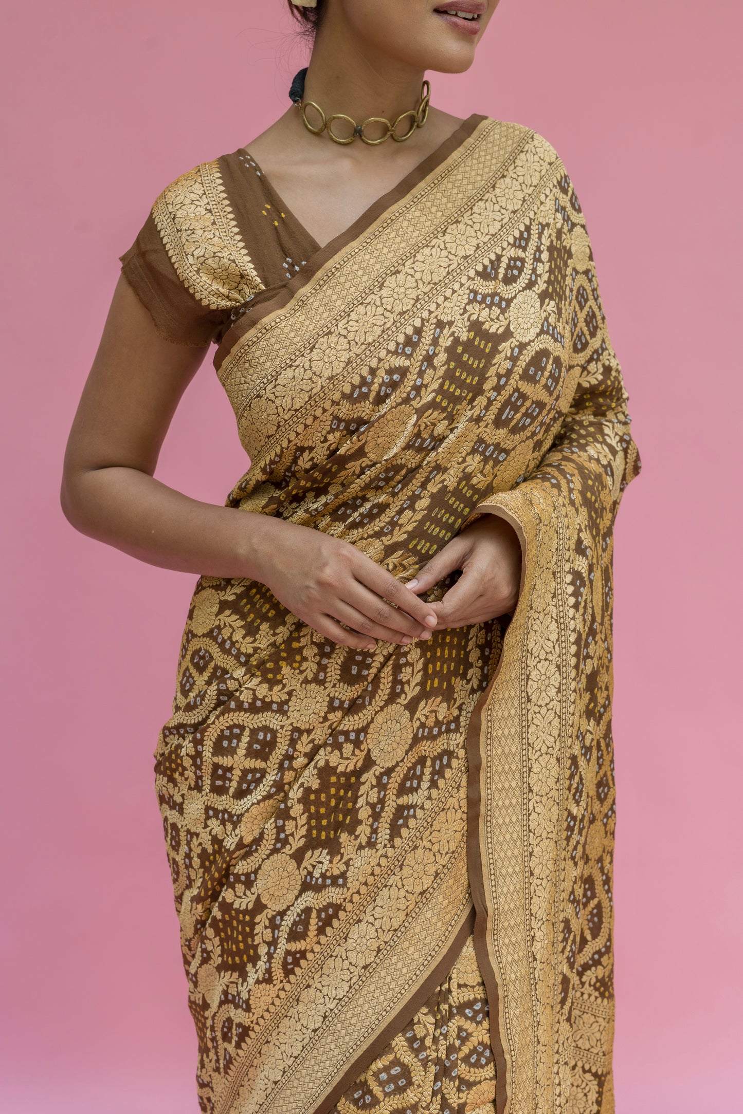 Neemzari Georgette Tussar Brown Bandhej Saree