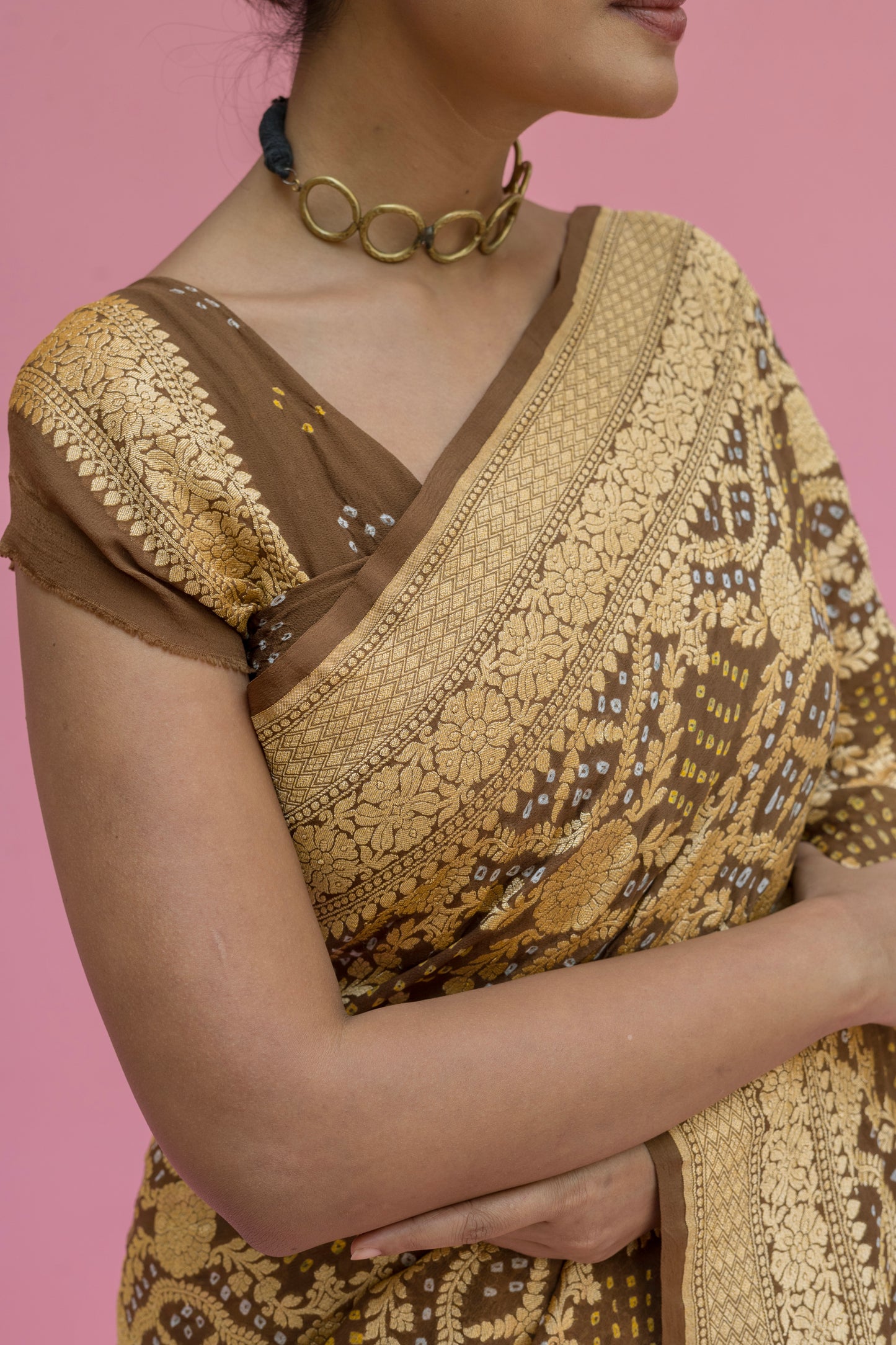 Neemzari Georgette Tussar Brown Bandhej Saree