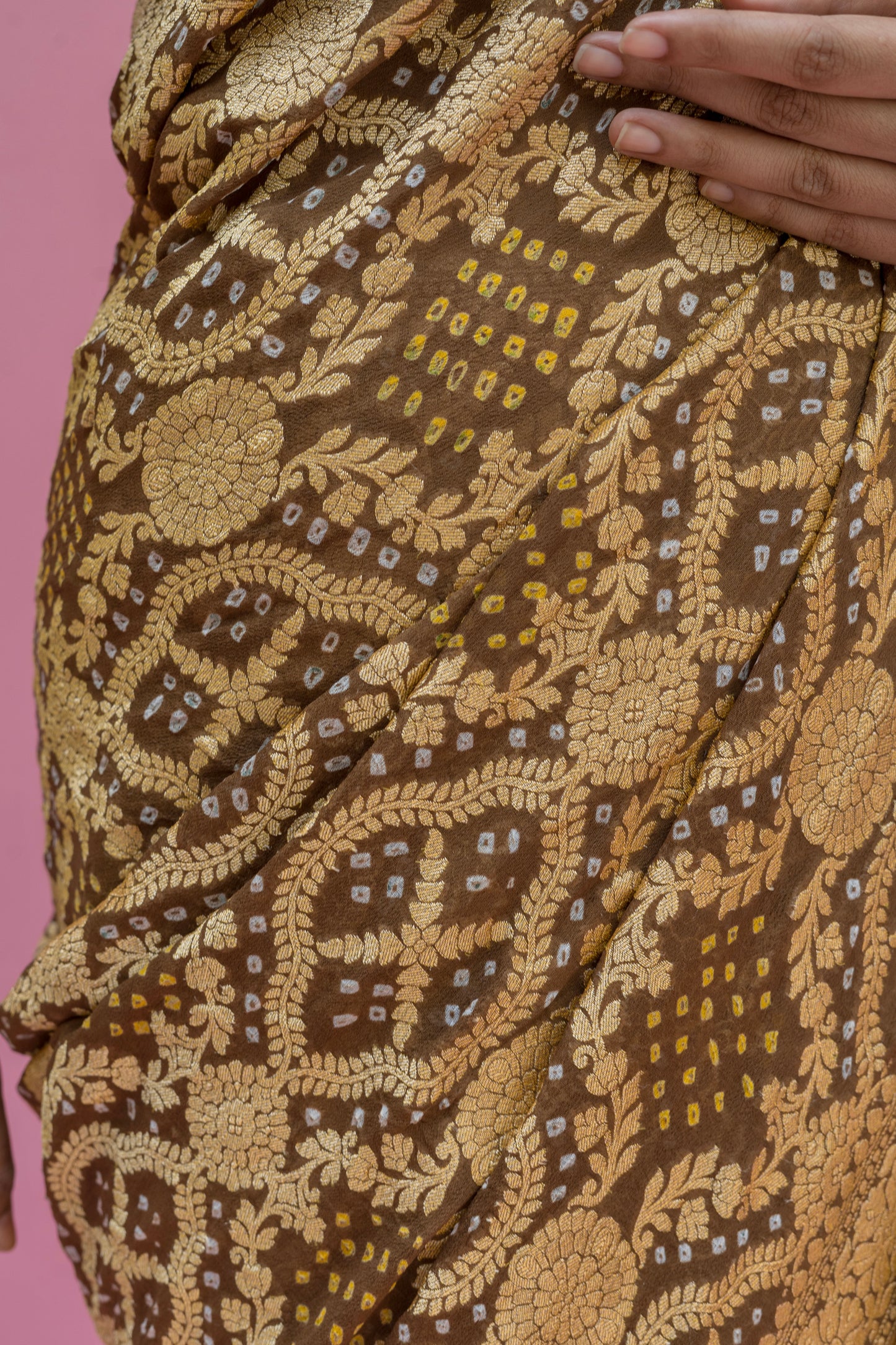 Neemzari Georgette Tussar Brown Bandhej Saree