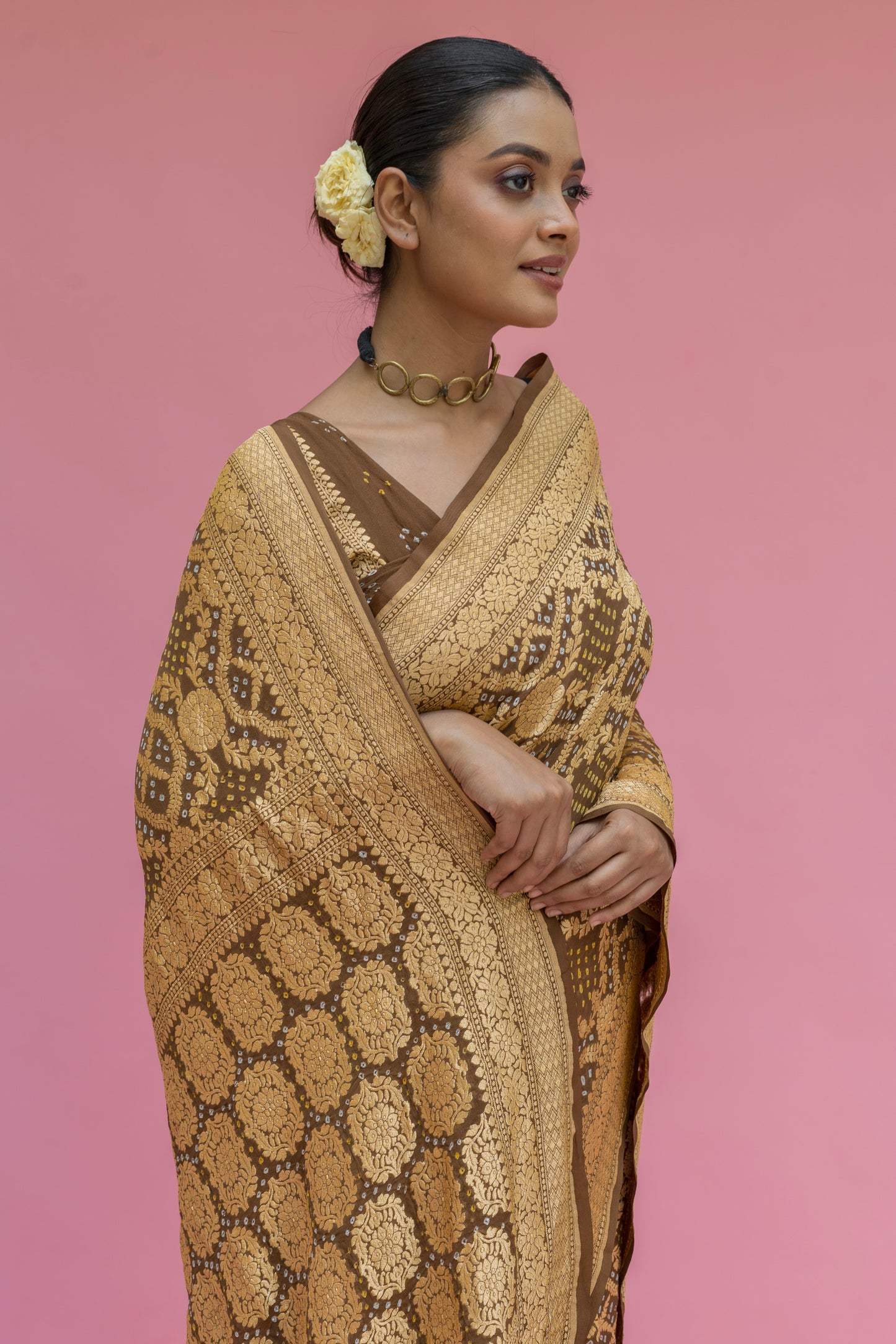 Neemzari Georgette Tussar Brown Bandhej Saree