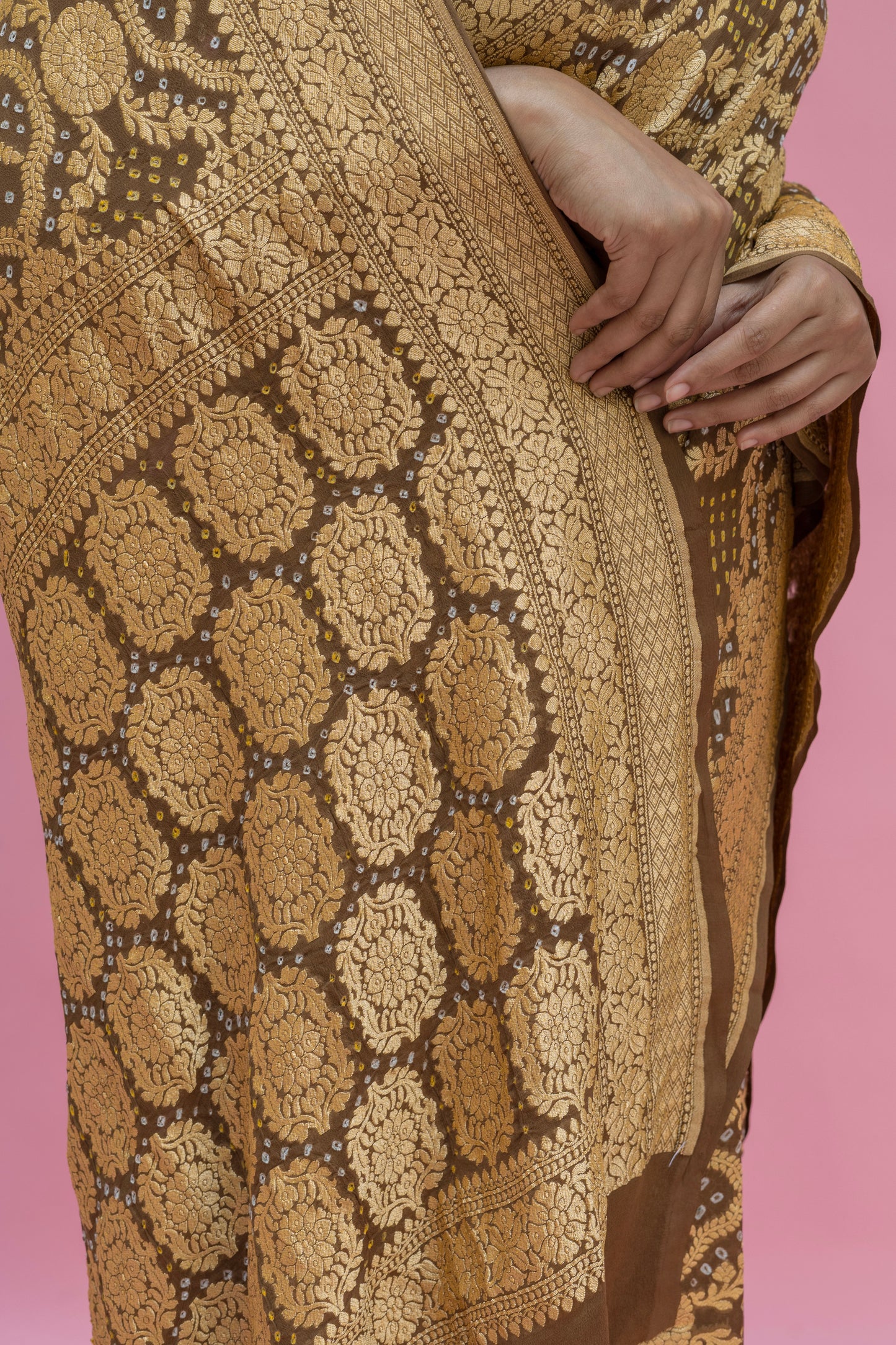Neemzari Georgette Tussar Brown Bandhej Saree