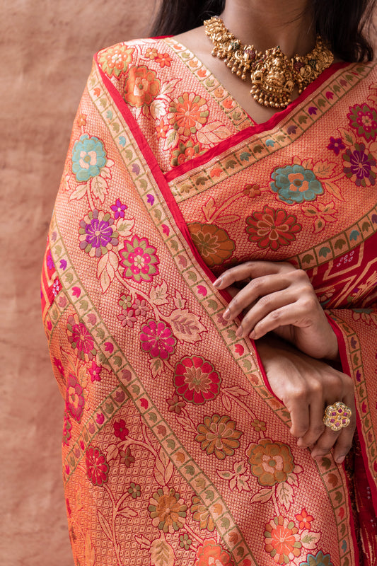Neemzari Tilfi Meenakari Red Bandhej Saree