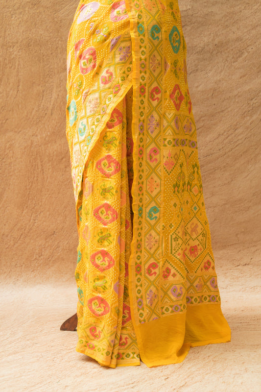 Neemzari Tilfi Meenakari Yellow Bandhej Saree