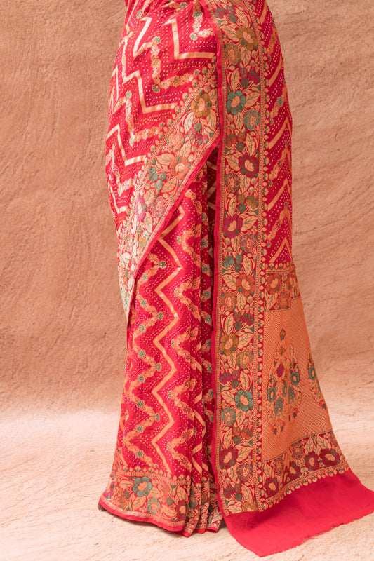 Neemzari Tilfi Meenakari Zig-Zag Bandhej Red Saree
