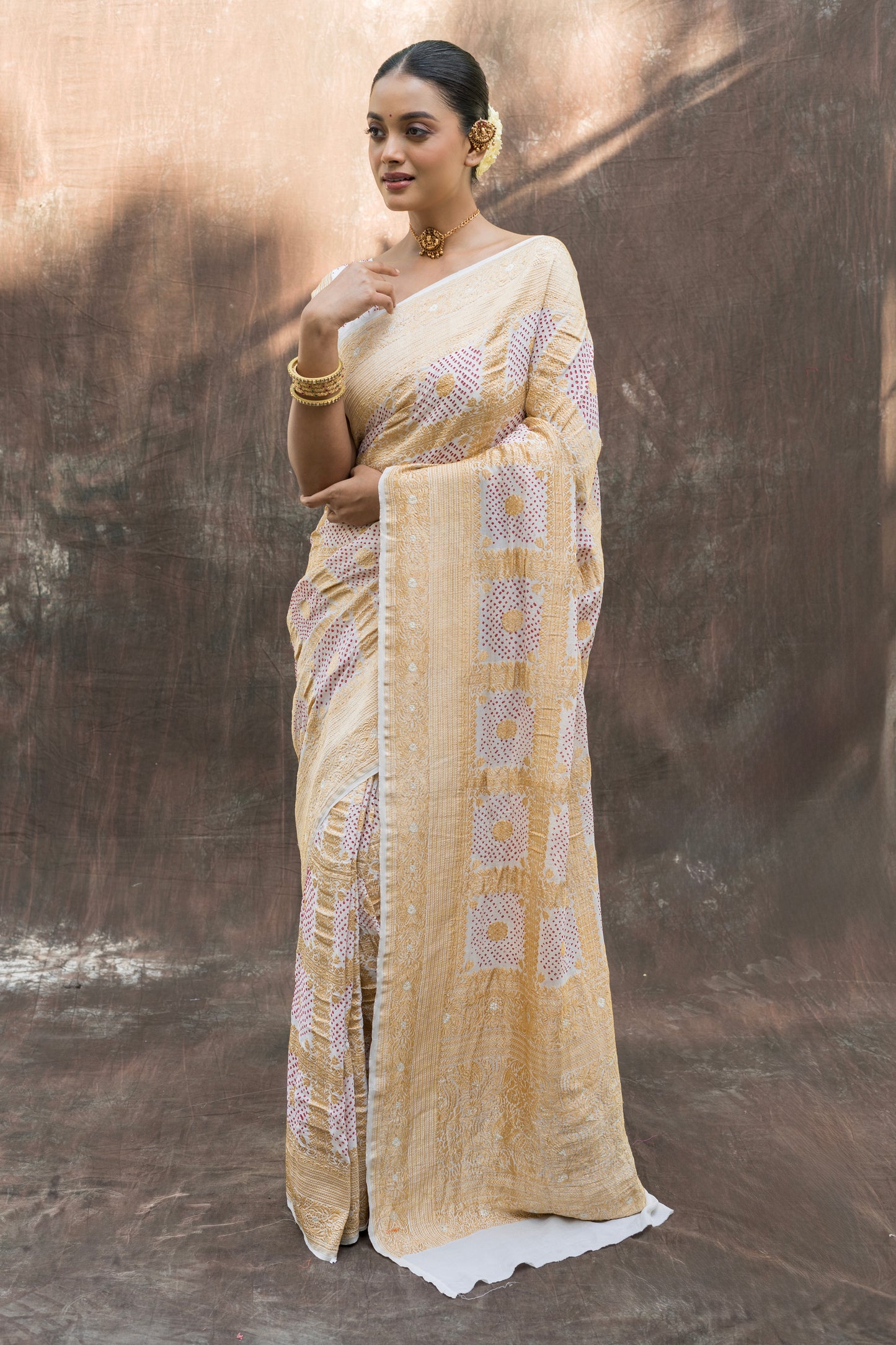 Red Rai Dana Gharchola Georgette White Bandhej Saree