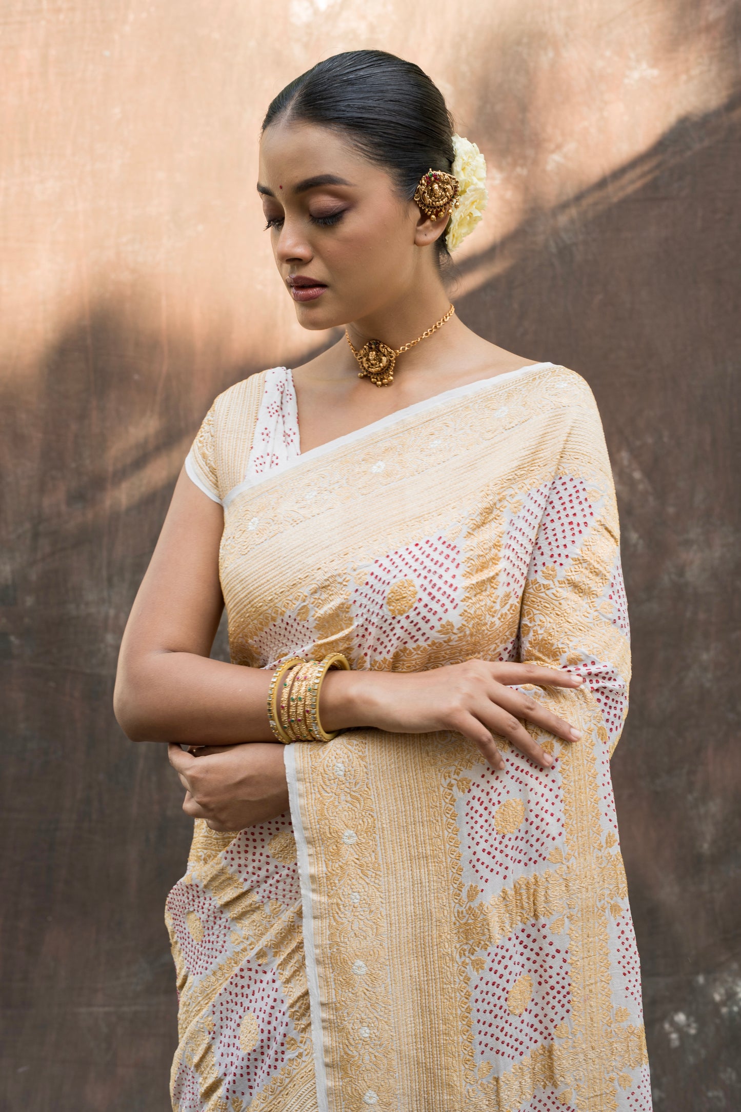 Red Rai Dana Gharchola Georgette White Bandhej Saree