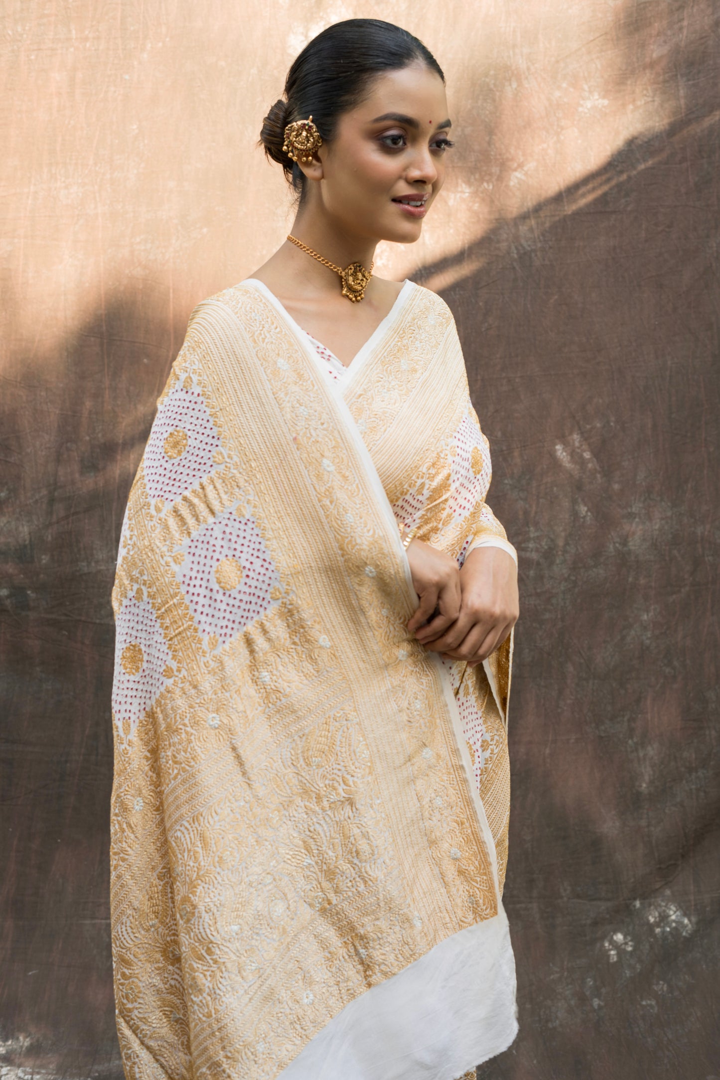 Red Rai Dana Gharchola Georgette White Bandhej Saree
