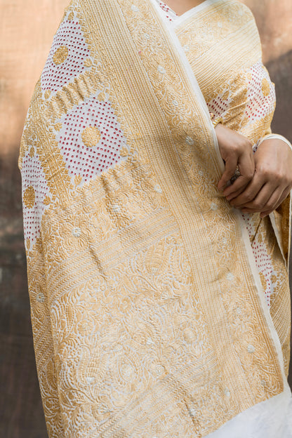 Red Rai Dana Gharchola Georgette White Bandhej Saree
