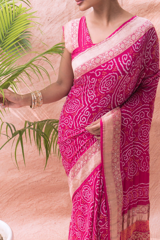 Georgette Rai Dana Magenta Bandhej Saree