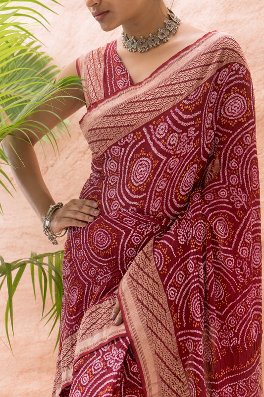 Georgette Rai Dana Reddish Maroon Bandhej Saree