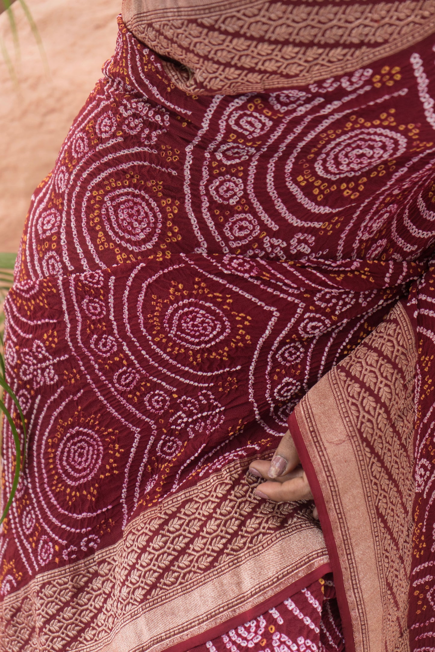 Georgette Rai Dana Reddish Maroon Bandhej Saree