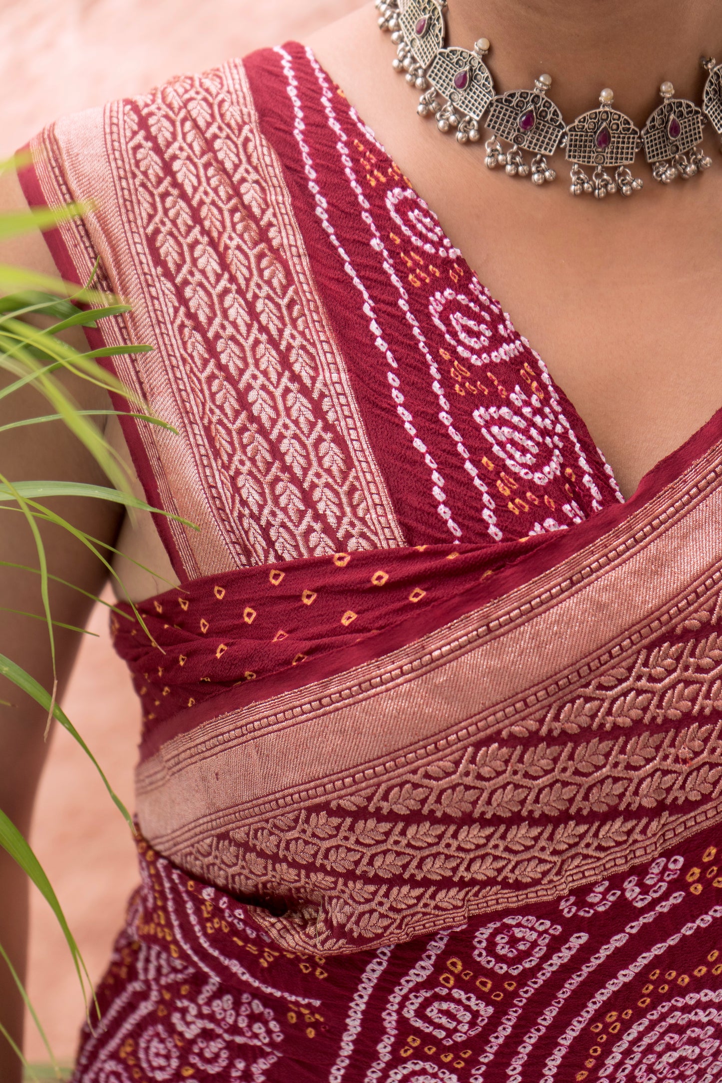 Georgette Rai Dana Reddish Maroon Bandhej Saree