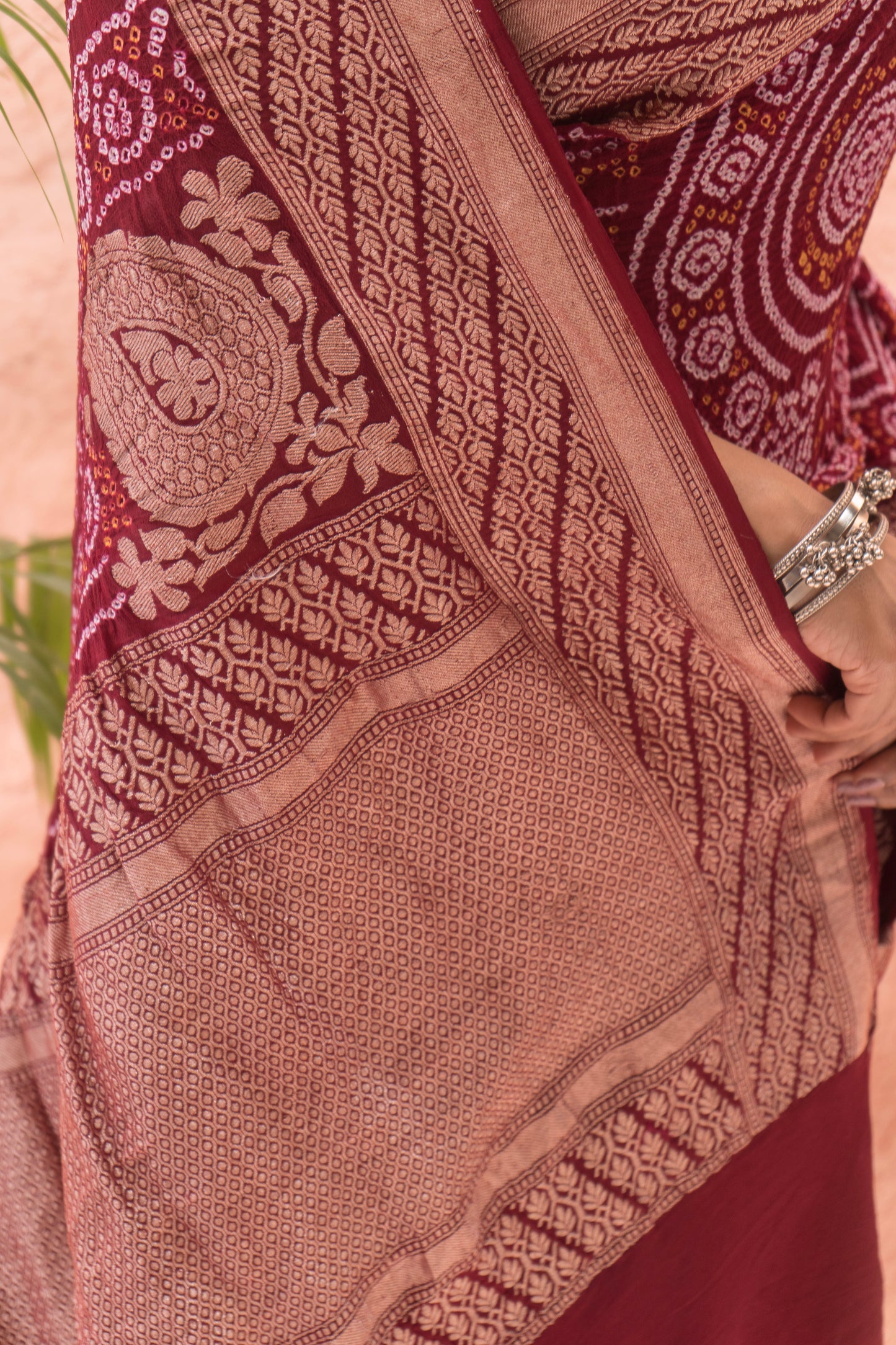 Georgette Rai Dana Reddish Maroon Bandhej Saree