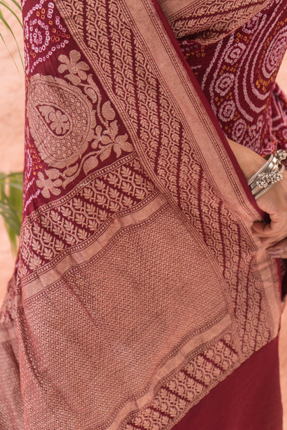 Georgette Rai Dana Reddish Maroon Bandhej Saree