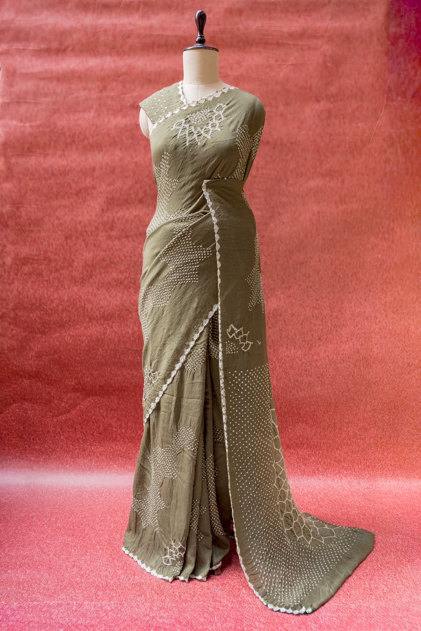 Moonga Rai Dana Olive Green Bandhej Saree