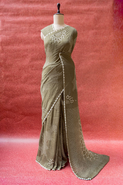 Moonga Rai Dana Olive Green Bandhej Saree