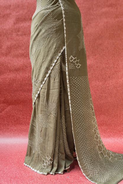 Moonga Rai Dana Olive Green Bandhej Saree