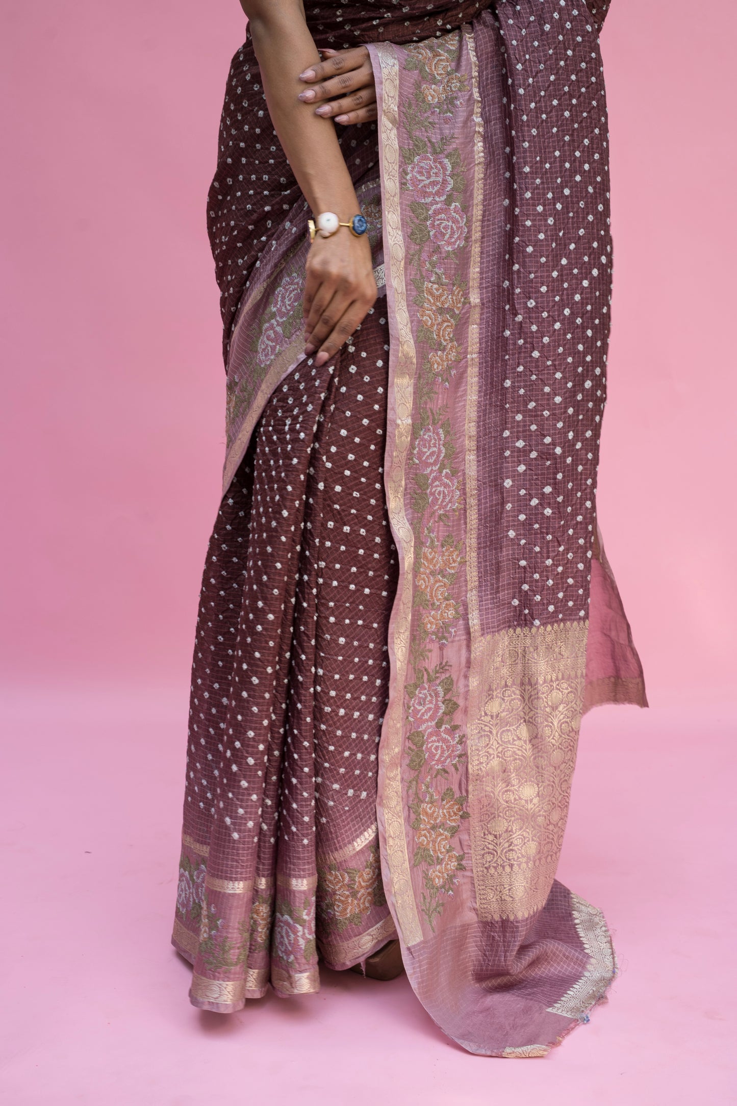 Kota Shaded Mauve-Brown Embroidered Bandhej Saree