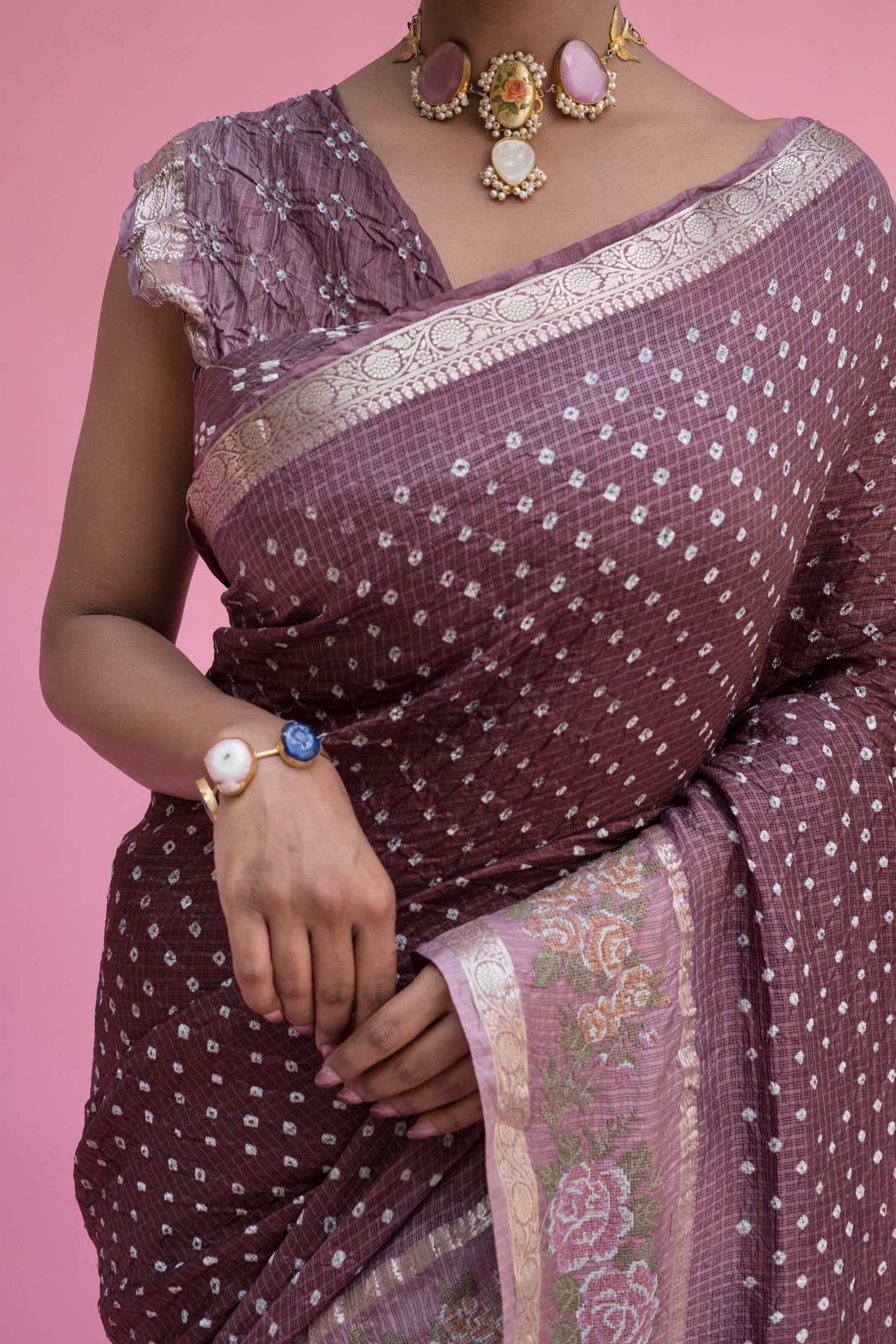 Kota Shaded Mauve-Brown Embroidered Bandhej Saree
