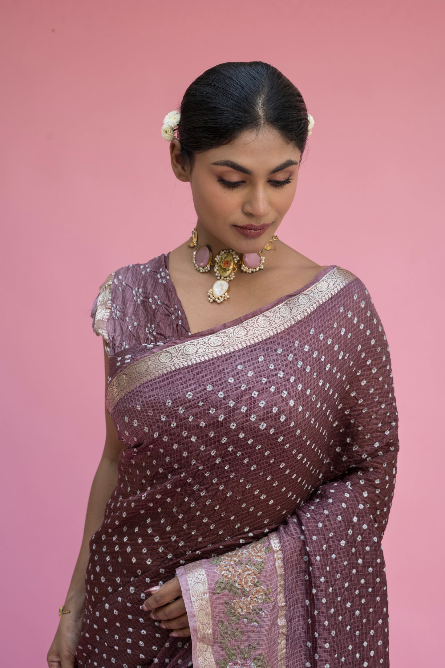 Kota Shaded Mauve-Brown Embroidered Bandhej Saree
