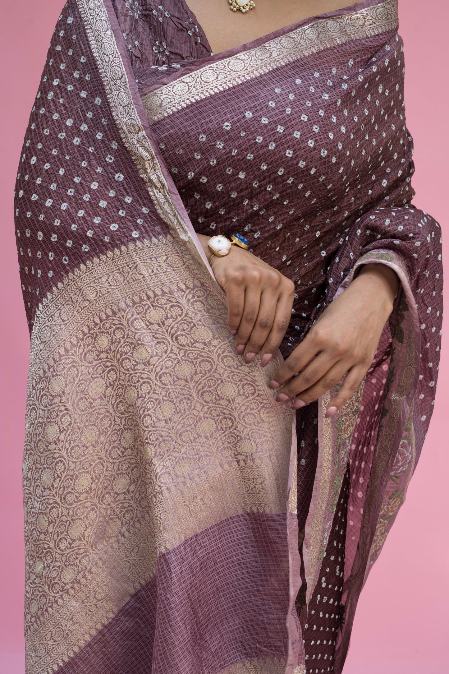Kota Shaded Mauve-Brown Embroidered Bandhej Saree