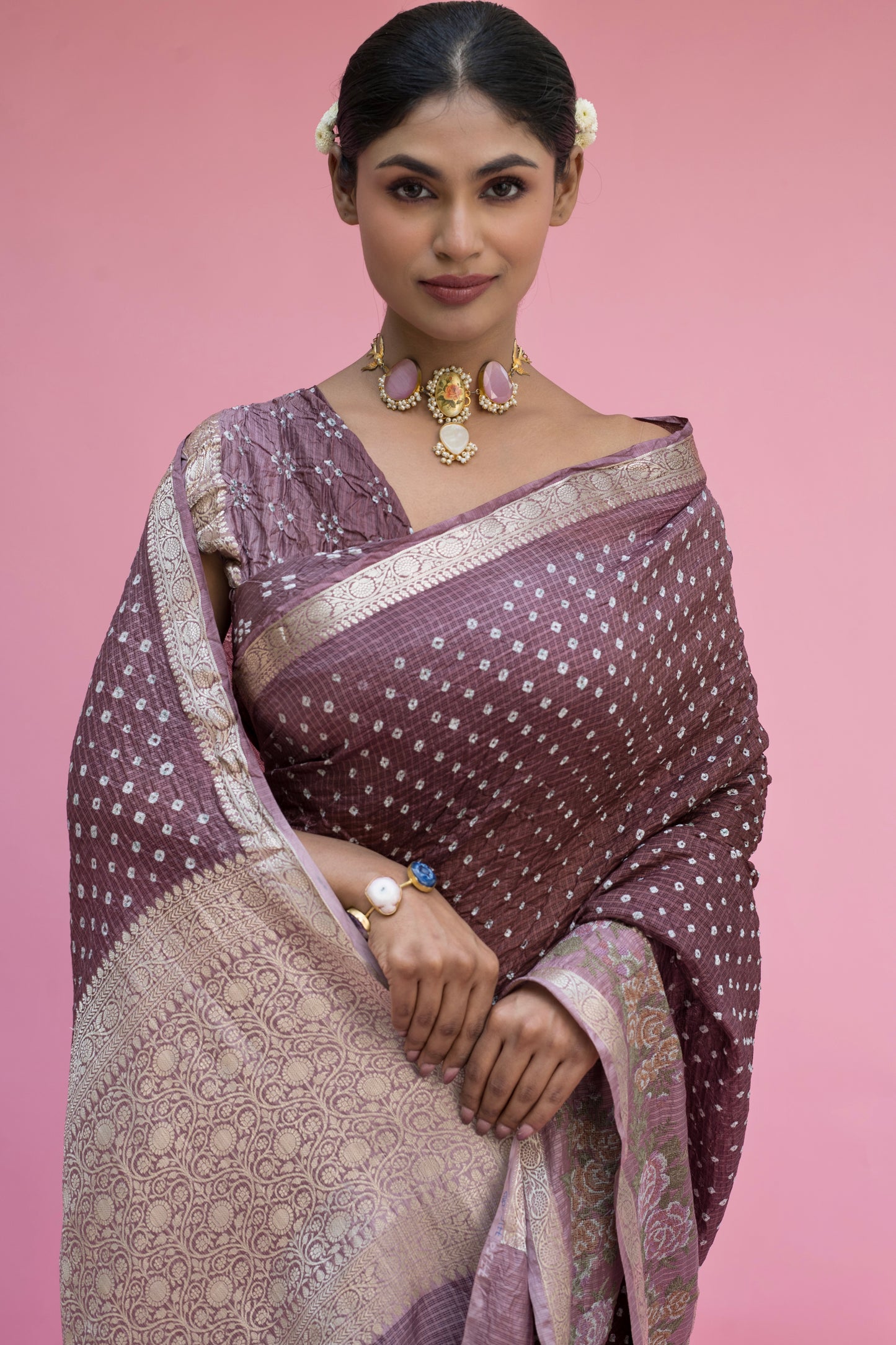 Kota Shaded Mauve-Brown Embroidered Bandhej Saree