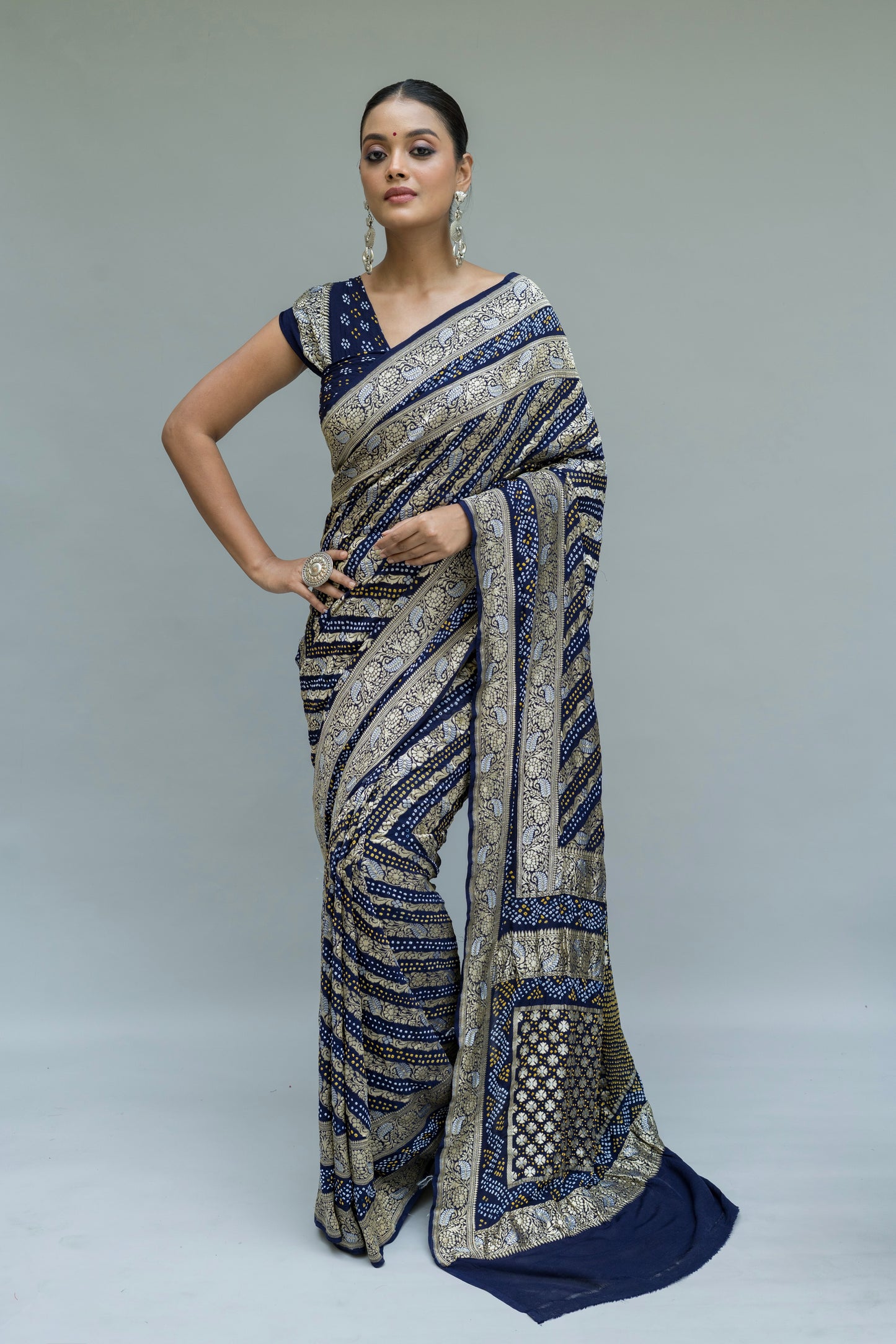 Georgette Double Border Leheriya Bandhej Royal Blue Saree