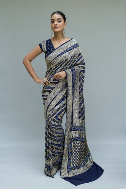 Georgette Double Border Leheriya Bandhej Royal Blue Saree
