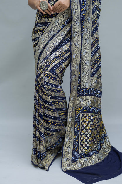 Georgette Double Border Leheriya Bandhej Royal Blue Saree
