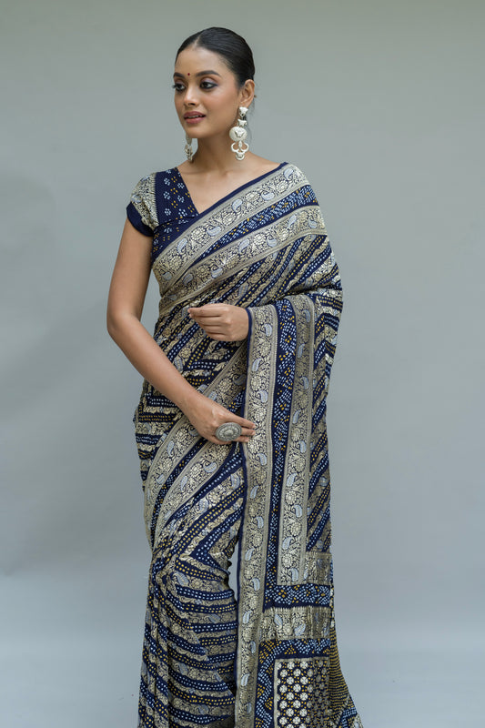 Georgette Double Border Leheriya Bandhej Royal Blue Saree
