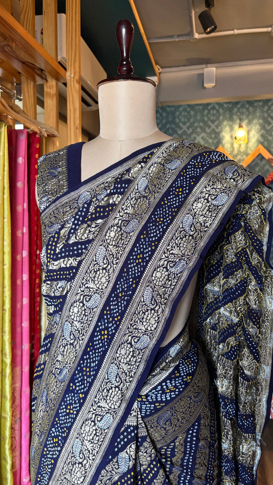 Georgette Double Border Leheriya Bandhej- Royal Blue Saree
