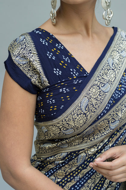 Georgette Double Border Leheriya Bandhej Royal Blue Saree