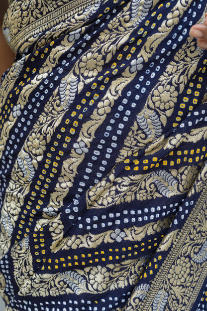 Georgette Double Border Leheriya Bandhej Royal Blue Saree