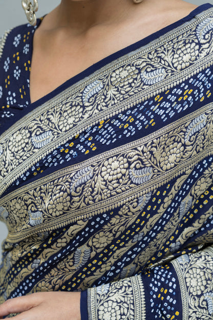 Georgette Double Border Leheriya Bandhej Royal Blue Saree