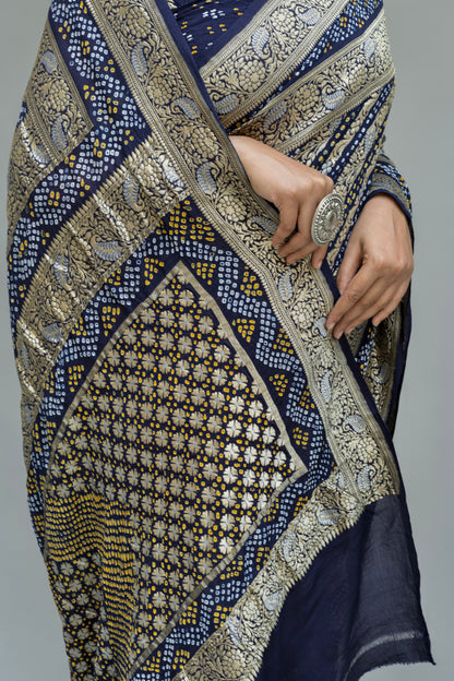 Georgette Double Border Leheriya Bandhej Royal Blue Saree