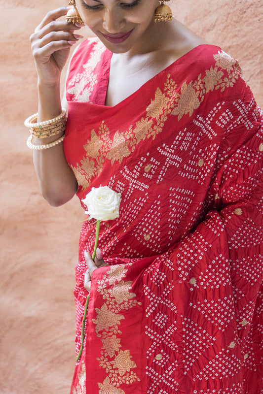 Katan Floral Weaving Satin Border Bandhej Red Saree