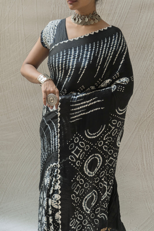 Gajji Shibori Rai Dana Black Bandhej Saree